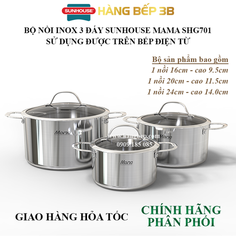 Bộ nồi inox đa lớp sử dụng bếp từ Sunhouse SHG701