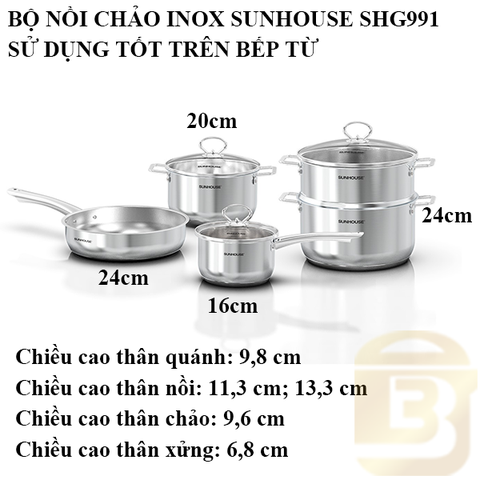 Bộ nồi chảo Inox Impact Plus Sunhouse Healthy SHG991