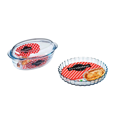 COMBO OCUISINE Khay bánh hình tròn 27cm & Tô gốm thủy tinh oval