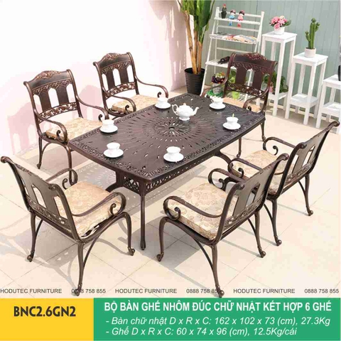 Bộ bàn ghế nhôm đúc hình chữ nhật cao cấp BNC2.6GN2