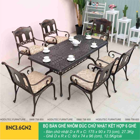 Bộ bàn ghế nhôm đúc hình chữ nhật cao cấp BNC3.6GN2