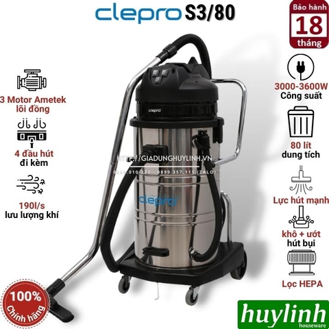 Máy hút bụi công nghiệp Clepro S3/80 - 3 motor - 80 lít