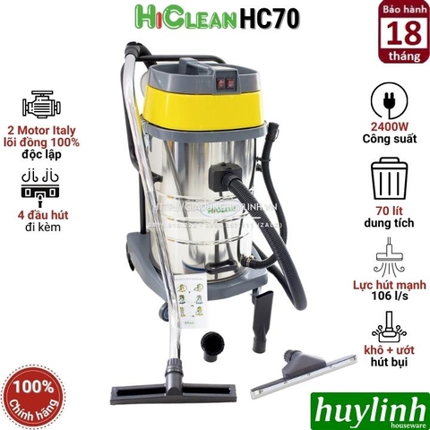 Máy hút bụi công nghiệp HiClean HC70 - Dung tích 70 lít - Công suất 2400W - 2 Motor