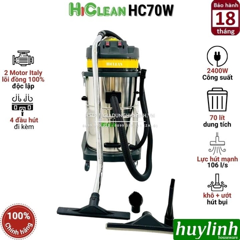 Máy hút bụi công nghiệp khô và ướt Hiclean HC70W - 70 lít - 2400W - 2 Motor lõi đồng