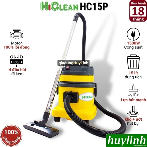 Máy hút bụi Khô và Ướt HiClean HC15P - 15 lít - Thùng nhựa