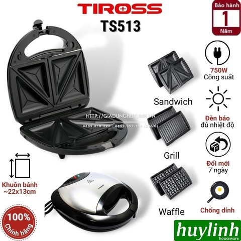 Máy nướng bánh sandwich, hotdog, waffle Tiross TS513 - 3 trong 1
