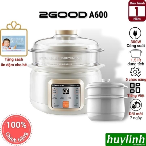 Nồi hầm chậm, chưng yến, nấu cách thuỷ 2Good A600 - 1.5 lít - 2 tầng - Tặng sách ăn dặm