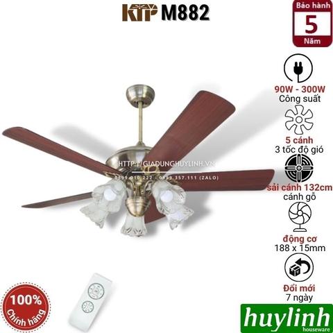 Quạt trần cánh gỗ đèn chùm Kim Thuận Phong KTP M882 - 5 cánh