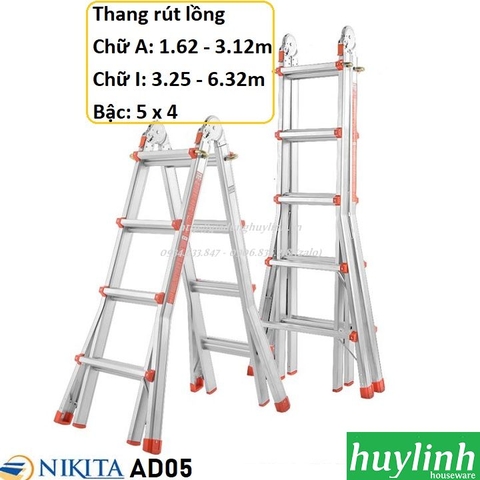 Thang nhôm gấp trượt chữ A 5 bậc Nikita AD05 - 6.3 mét