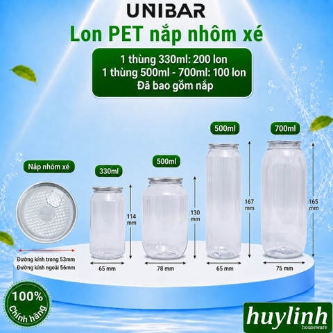 Lon nhựa PET nắp nhôm xé Unibar size 330 - 500 - 700ml dùng cho UB-1S