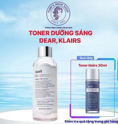 (Tặng toner Klairs mini 30ml tím) Dear, Klairs Nước hoa hồng hỗ trợ làm sáng da Freshly Juiced Vitamin Essence Toner 180ml