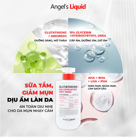 SỮA TẮM GIẢM MỤN, DỊU ẨM LÀN DA  ANGEL'S LIQUID GLUTATHIONE + BHA EXFOLIATING BODY WASH 500g