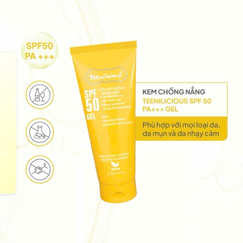 Kem Chống Nắng Teenilicious SPF 50 Gel PA+++ Dạng Gel Mỏng Nhẹ Kiềm Dầu Phù Hợp Da Dầu Mụn, Nhạy Cảm 15g