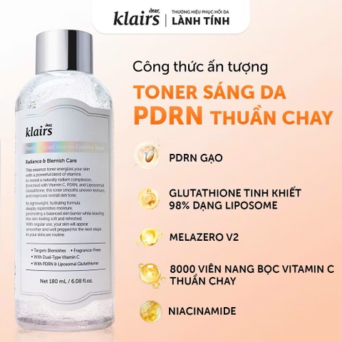 (Tặng toner Klairs mini 30ml tím) Dear, Klairs Nước hoa hồng hỗ trợ làm sáng da Freshly Juiced Vitamin Essence Toner 180ml