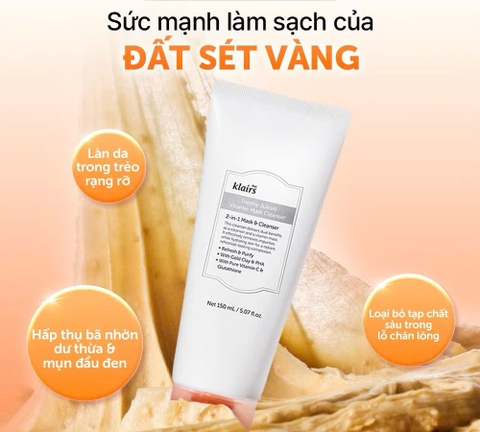 (Tặng toner klairs 30ml mới )Dear, Klairs Sữa rửa mặt hỗ trợ làm sáng da Freshly Juiced Vitamin Mask Cleanser 150ml