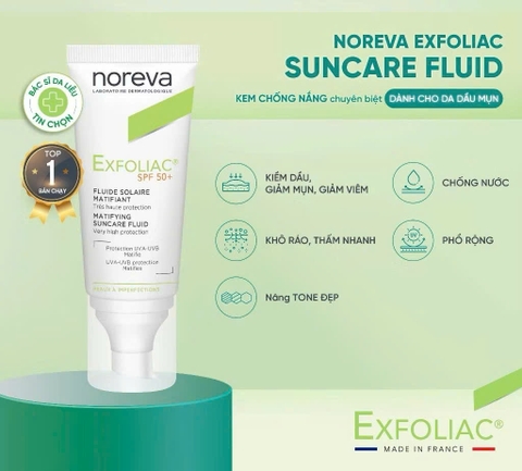 Kem chống nắng dành cho da dầu mụn Noreva Exfoliac Matifing Suncare Fluid SPP50+ 40ML