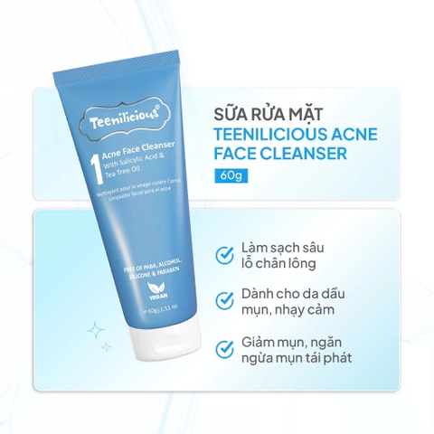 Sữa Rửa Mặt Teenilicious Acne Face Cleanser Sạch Mụn, Giảm Mụn Đầu Đen Phù Hợp Da Mụn & Nhạy Cảm 60g