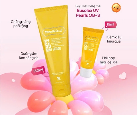 Sữa Dưỡng Thể Chống Nắng Teenilicious SPF55 Body Lotion, PA+++, Dành Cho Da Dầu Và Nhạy Cảm - 15ml