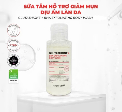 SỮA TẮM GIẢM MỤN, DỊU ẨM LÀN DA  ANGEL'S LIQUID GLUTATHIONE + BHA EXFOLIATING BODY WASH 500g