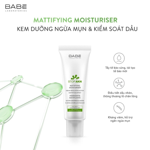 Kem dưỡng cho da dầu mụn BABÉ Stop AKN Mattifying Moisturiser