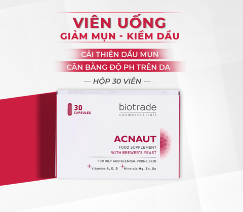 Viên uống hỗ trợ giảm mụn, kiềm dầu Biotrade Acnaut Food Supplement Hộp 30 viên