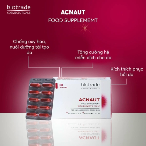 Viên uống hỗ trợ giảm mụn, kiềm dầu Biotrade Acnaut Food Supplement Hộp 30 viên