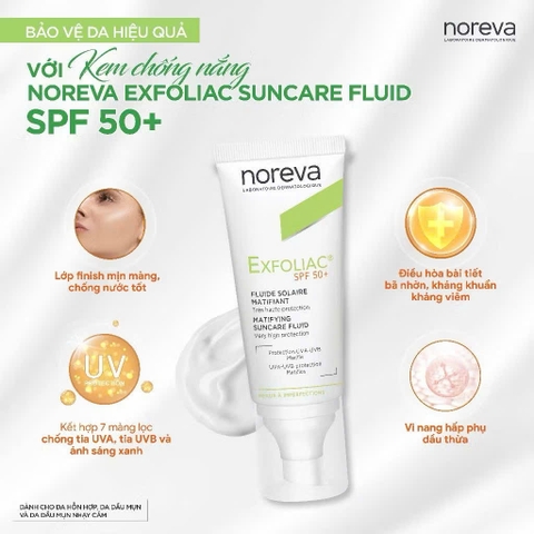 Kem chống nắng dành cho da dầu mụn Noreva Exfoliac Matifing Suncare Fluid SPP50+ 40ML
