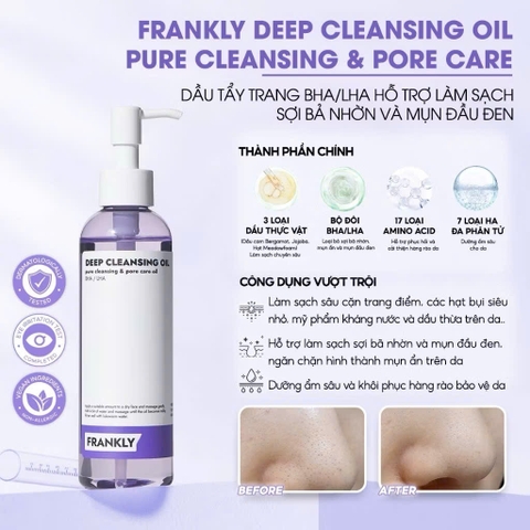 Dầu tẩy trang BHA/LHA làm sạch sợi bã nhờn và mụn đầu đen Frankly Deep Cleansing Oil 200ml