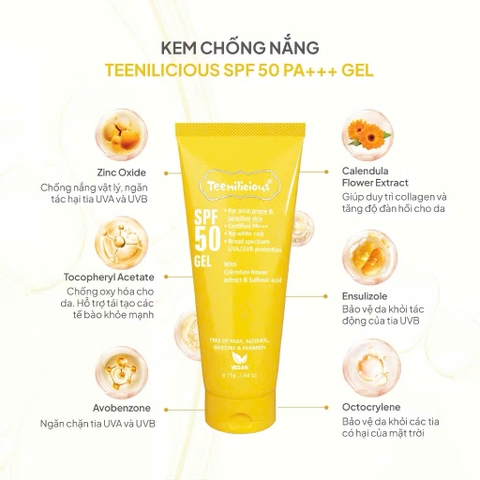 Kem Chống Nắng Teenilicious SPF 50 Gel PA+++ Dạng Gel Mỏng Nhẹ Kiềm Dầu Phù Hợp Da Dầu Mụn, Nhạy Cảm 15g