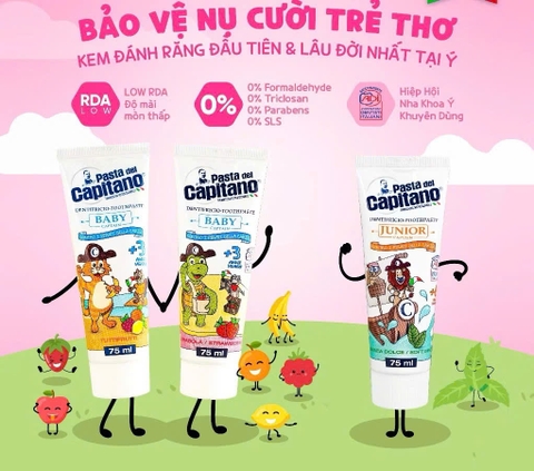 Kem Đánh Răng Cho Bé Capitano Toothpaste Nhiều Mùi Hương Kem Đánh Răng Trẻ Em An Toàn, Dịu Nhẹ 75g