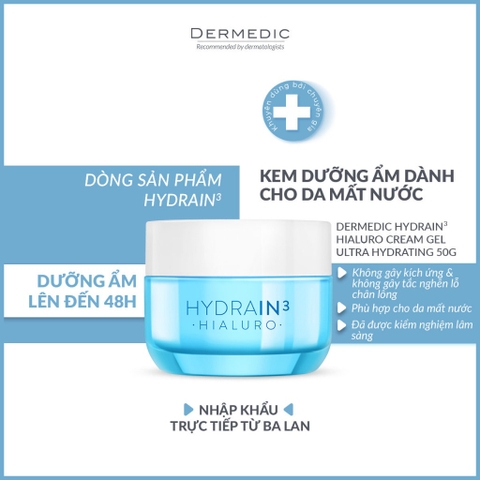 Kem dưỡng Dermedic HA ban đêm cấp ẩm da khô mất nước Hydrain3 Hialuro Cream-Gel Ultra-Hydrating 50g