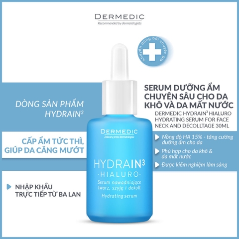 Serum cấp nước, cấp ẩm cho da khô Dermedic Hydrain3 Hialuro Hydrating Serum For Face, Neck And Decolltage 30ml