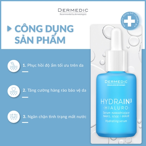 Serum cấp nước, cấp ẩm cho da khô Dermedic Hydrain3 Hialuro Hydrating Serum For Face, Neck And Decolltage 30ml