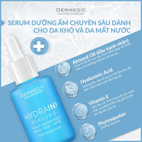Serum cấp nước, cấp ẩm cho da khô Dermedic Hydrain3 Hialuro Hydrating Serum For Face, Neck And Decolltage 30ml