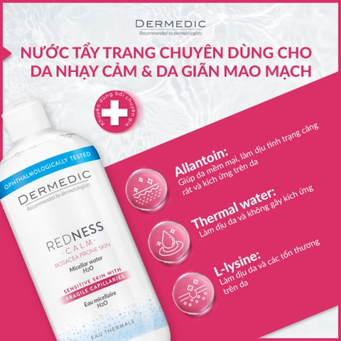 Nước tẩy trang Dermedic cho da nhạy cảm, mẩn đỏ REDNESS Micellar Water H2O 500ml