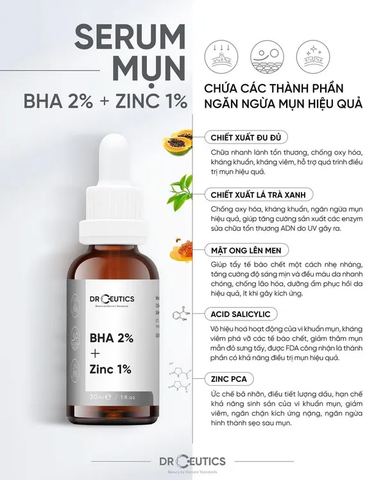 Serum BHA 2% + ZinC 1% DrCeutics Giảm Mụn Và Giảm Sưng Mụn