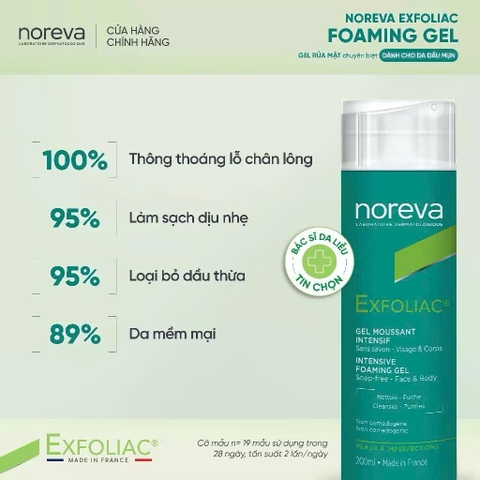 NOREVA sữa rửa mặt cho da dầu mụn NOREVA EXFOLIAC INTENSIVE FOAMING GEL 200ML