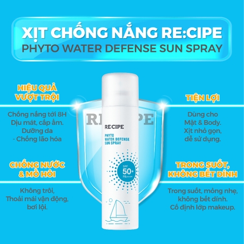 Xịt Chống Nắng Recipe Phyto Water Defense Sun Spray Chống Nắng, Không Trôi 180ml