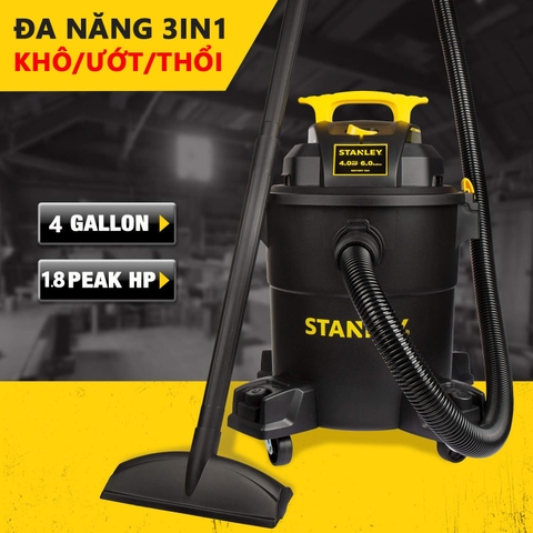 Máy hút bụi công nghiệp STANLEY SL19417P-6A, dung tích 23l, công suất tối đa 4000w (5.5hp), 4 bánh xe xoay chuyển động