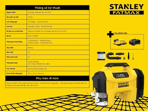 Máy bơm hơi đa năng dùng pin kèm tính năng thổi và hút bụi hiệu STANLEY Model SXVI02001, 3 trong 1