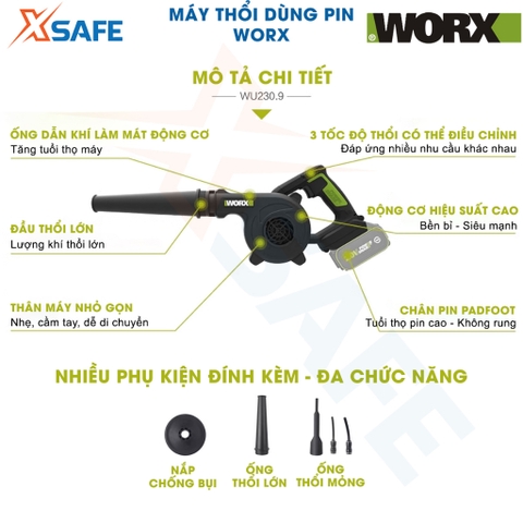 Máy thổi cầm tay WORX WU230.9 Máy thổi bụi dùng pin 20V