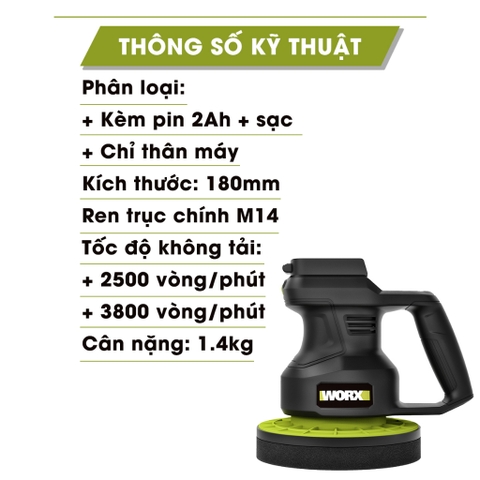 Máy chà nhám không chổi than dùng pin 20V WORX WU858.9 đường kính 180mm