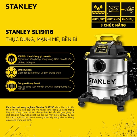 Máy hút bụi Công nghiệp 3 chức năng 23L Stanley SL19116