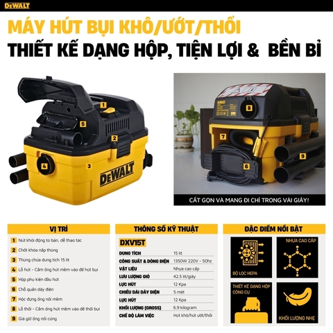 Máy hút bụi 3 chức năng 15L Dewalt DXV15T (1350W – 1.8HP)