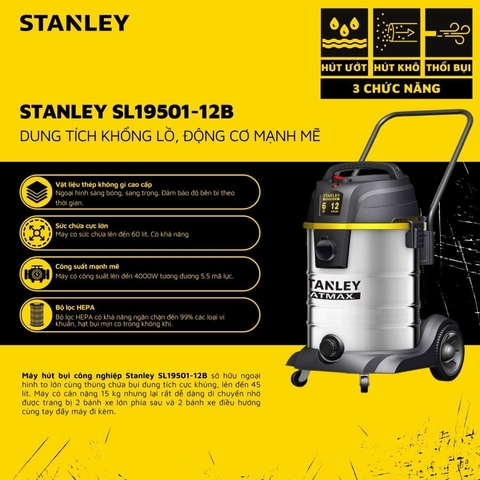 Máy hút bụi 3 chức năng - Khô/Ướt/Thổi Stanley USA - SL19501-12B - motor 2 tầng