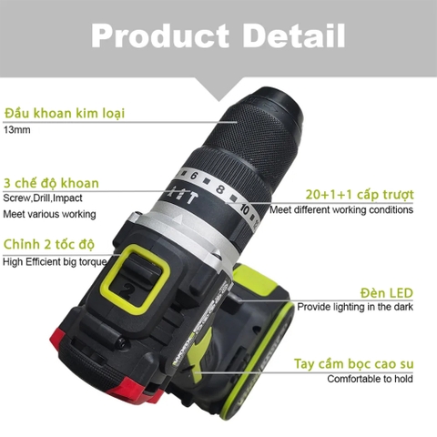 Máy khoan pin 3 chức năng motor không chổi than WORX WU369 chỉ thân máy