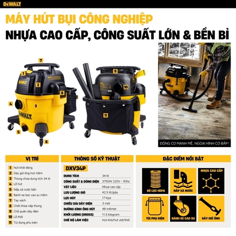 Máy hút bụi 3 chức năng ướt/khô/thổi Dewalt - DXV34P - 34L