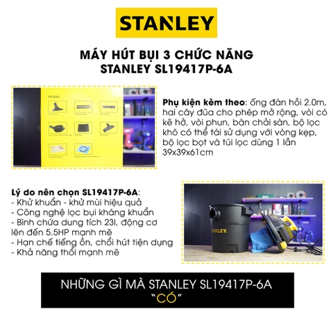 Máy hút bụi công nghiệp STANLEY SL19417P-6A, dung tích 23l, công suất tối đa 4000w (5.5hp), 4 bánh xe xoay chuyển động