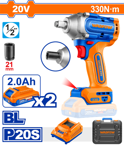 Máy Siết Bu Lông Dùng Pin 20V-330Nm (không Chổi Than) (Kèm 2 Pin 2.0Ah) WADFOW WCD1B33