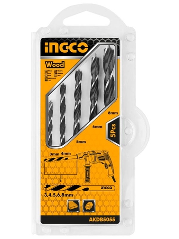 BỘ 5 MŨI KHOAN GỖ ĐUÔI TRƠN 3-8MM INGCO AKDB5055